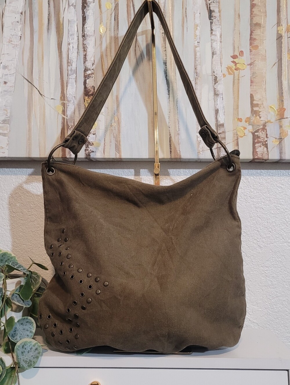 Fashion Express Everyday Army Green Shoulder Tote with Grommet Accent